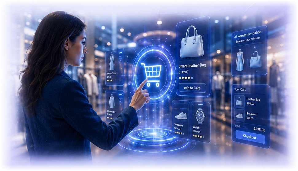 AI ecommerce shopping assistant in a retail store with product recommendations and cart intelligence