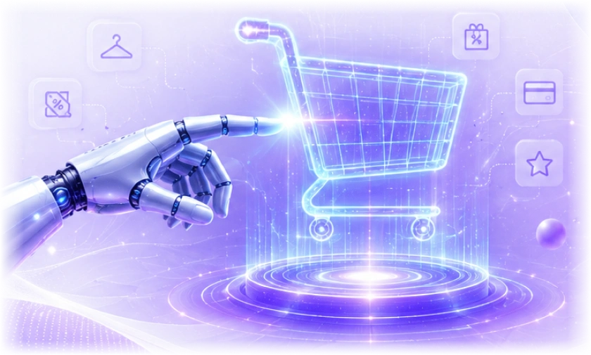 AI ecommerce cart with robotic interaction and intelligent shopping signals