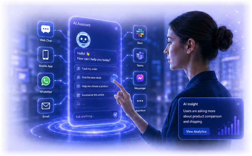 Generative AI assistant interface connected to web chat, mobile app, WhatsApp, email, Slack, Teams, Messenger, and analytics