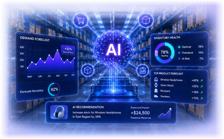 AI inventory intelligence dashboard with demand forecast, inventory health, product forecast, and recommendation panel