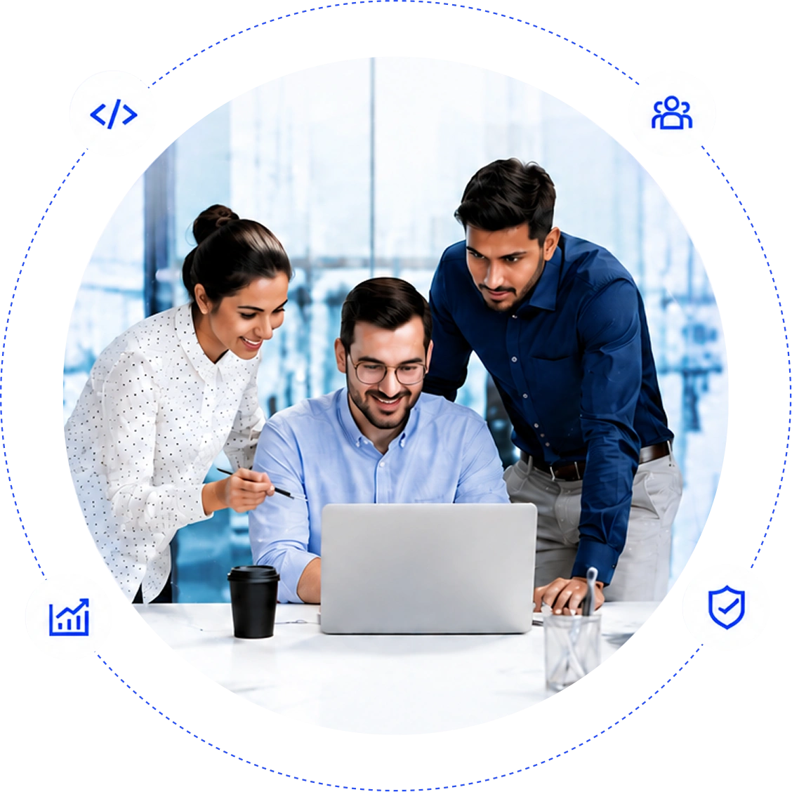 Dedicated IT team collaborating around a laptop